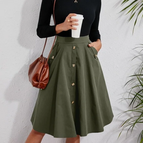Classic Button Detail Pocket Flared Midi Skirt - Picture 10 of 14